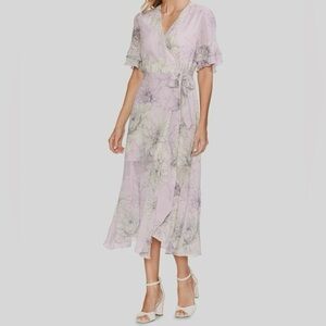 Vince Camuto Women's Floral Print Lavender Purple Midi Dress Size 12, Ruffles